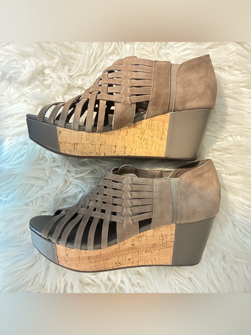 Chocolat Blu Taupe Woven Suede Cork Wedge Sandals - Picture 2 of 9